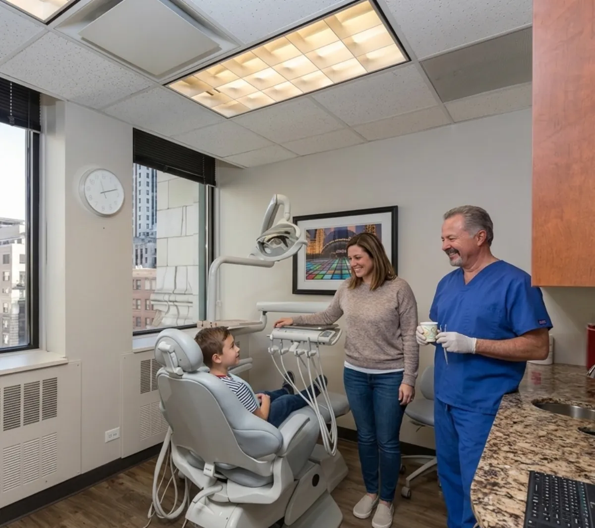 A doctor chatting with a mother and her son in the dental chair at Millennium Park Smiles